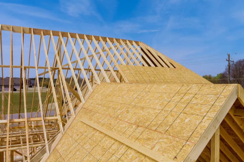 Framed roof structure of a house under construction with a blue sky.